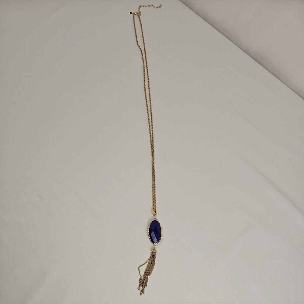 Premier Designs Teal Blue Faceted Tassel Pendant Necklace Gold Tone 23"